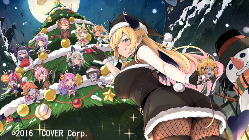 6+girls anbasa_(amaneyuz13) aqua_eyes bare_arms bare_shoulders black_dress black_gloves black_horns black_pantyhose blonde_hair boots breasts chibi christmas commentary_request demon_girl demon_horns demon_tail demon_wings dress earrings fisheye fishnet_pantyhose fishnets full_moon fur-trimmed_dress fur-trimmed_gloves fur_trim gloves gradient_hair grin hat heart heart_earrings highres himemori_luna hololive horn_ornament horn_ring horns jewelry kureiji_ollie la+_darknesss large_breasts long_hair moon mori_calliope multicolored_hair multiple_girls official_art omaru_polka one_eye_closed oozora_subaru pantyhose pink_hair pointy_ears sailor_dress santa_costume santa_dress santa_hat shiranui_flare shishiro_botan smile snowman solo_focus swept_bangs tail takanashi_kiara takane_lui thigh_boots tokoyami_towa virtual_youtuber wings yozora_mel yuzuki_choco zombie zombification