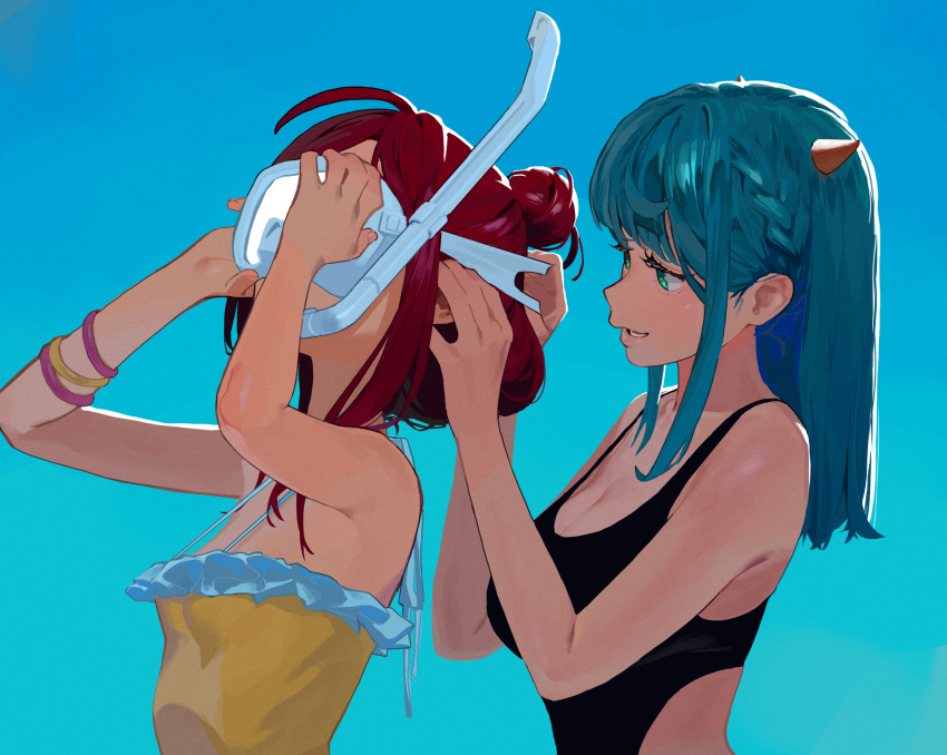 2girls aqua_hair braid breasts cleavage from_side goggles green_eyes highres hipa_(some1else45) horns long_hair medium_breasts multiple_girls nahia_(some1else45) one-piece_swimsuit original red_hair side_braid sidelocks small_breasts smile snorkel snorkel_in_mouth some1else45 swimsuit upper_body