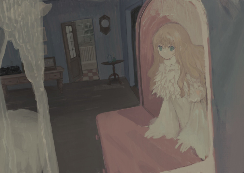 1girl bed bedroom blonde_hair blue_eyes canopy_bed chest_of_drawers chisato_charme closed_mouth dark_room dress dutch_angle expressionless frilled_dress frills highres indoors juliet_sleeves long_hair long_sleeves looking_at_viewer looking_to_the_side open_door original puffy_sleeves sleeve_garter solo standing table through_mirror vanity_table wavy_hair white_dress wide_sleeves wooden_floor