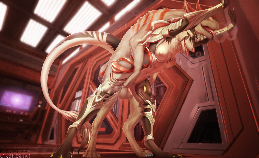 absurd_res anthro bestiality bodily_fluids cum cum_inflation female feral genital_fluids hi_res inflation knotting kubrow magayser male male/female okdrsutsu sergal tara_(disambiguation) warframe