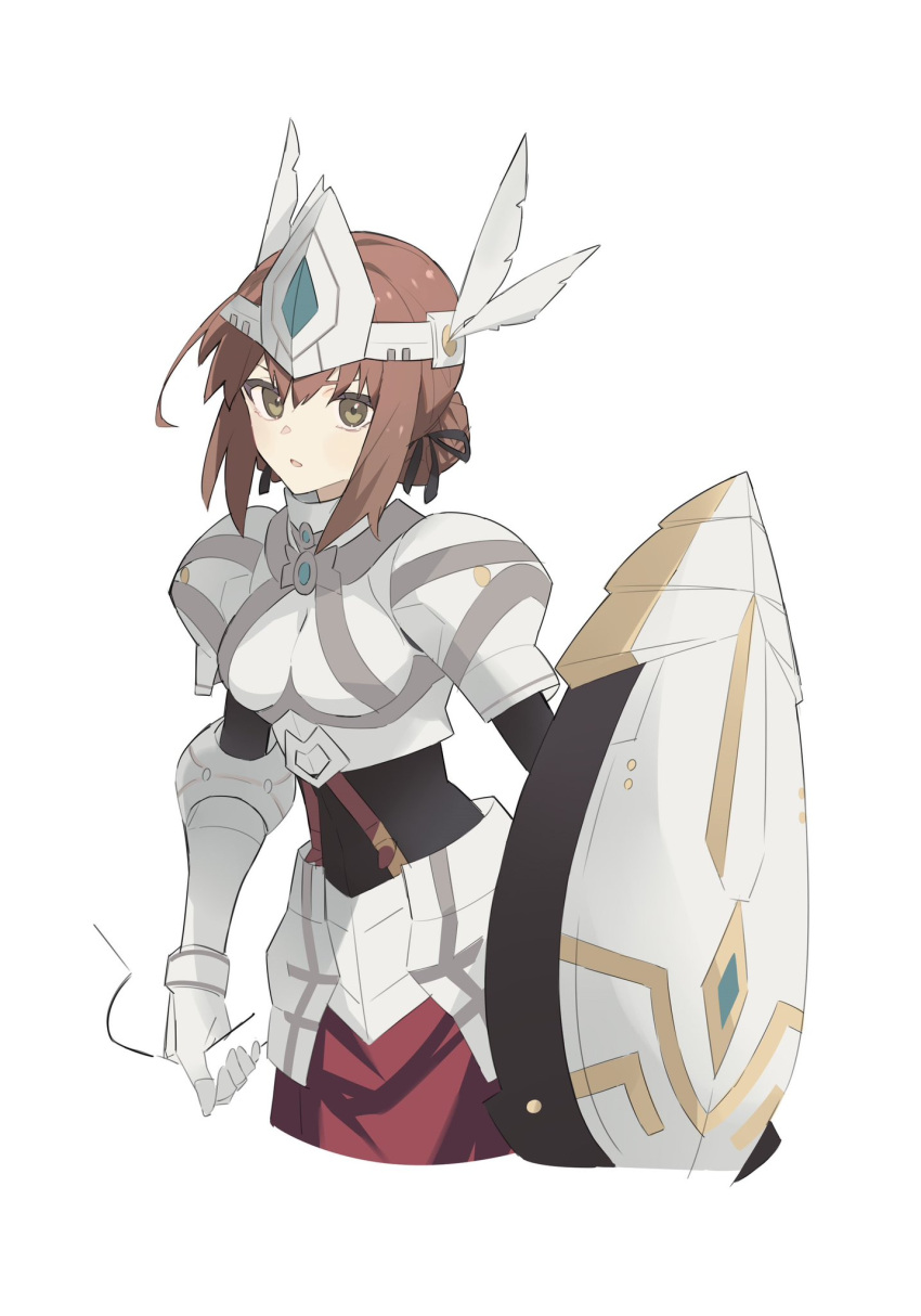 1girl armor black_bodysuit black_ribbon bodysuit breastplate brown_eyes brown_hair cropped_torso duvalie eiyuu_densetsu faulds gauntlets george_man hair_bun hair_ribbon hat_feather headpiece highres holding holding_shield knight looking_at_viewer parted_lips red_skirt ribbon sen_no_kiseki sen_no_kiseki_iii shield sidelocks simple_background single_hair_bun skirt solo upper_body white_background