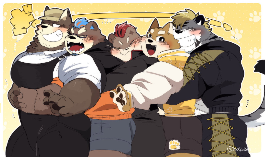 5boys animal_ears bara bear_boy bear_ears chuken_wacha_kou closed_eyes commentary_request creator_connection dog_boy dog_ears fangs furry furry_male hidaca highres himekawa_ken hug hug_from_behind hyaku_(g-kawayusu) indie_virtual_youtuber kawauso_kaine looking_at_another male_focus mohawk multicolored_clothes multicolored_hair multiple_boys open_mouth otter_boy otter_ears paw_print pawpads rikugo_usuzumi smile streaked_hair tail tiger_boy tiger_ears tiger_stripes tiger_tail twitter_username