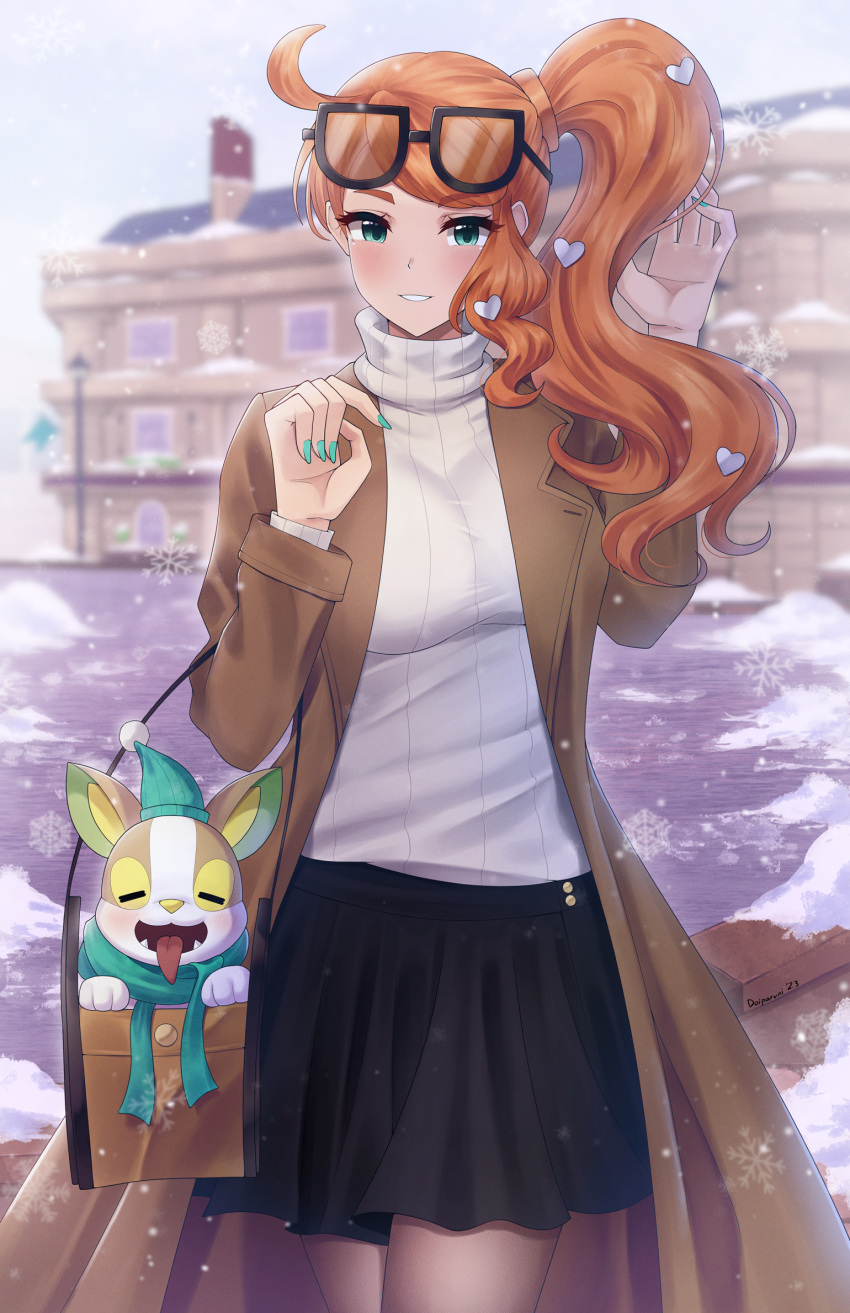 1girl bag black_skirt blush breasts brown_coat coat dog doiparuni eyewear_on_head green_eyes green_nails grin hair_ornament handbag heart heart_hair_ornament highres large_breasts looking_at_viewer miniskirt orange_hair pantyhose pleated_skirt pokemon pokemon_(creature) pokemon_swsh ribbed_sweater side_ponytail skirt smile snow snowing sonia_(pokemon) sweater trench_coat turtleneck turtleneck_sweater yamper