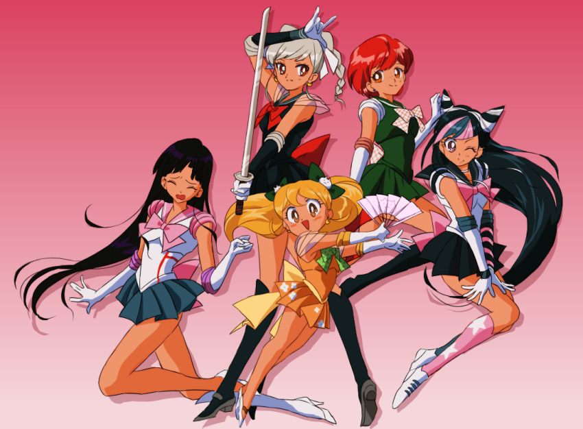 5girls adapted_costume asymmetrical_gloves asymmetrical_legwear bishoujo_senshi_sailor_moon black_hair black_shirt black_skirt blue_skirt blue_socks blush bow braid bright_pupils brown_eyes choker closed_eyes closed_mouth commentary_request cone_hair_bun danganronpa_(series) danganronpa_2:_goodbye_despair drop_shadow earrings eyelashes freckles gloves gradient_background green_bow green_shirt green_skirt grey_hair hair_bun hand_fan holding holding_fan holding_sword holding_weapon jewelry koizumi_mahiru long_legs magical_girl mioda_ibuki mismatched_gloves mismatched_legwear multiple_girls nive_(dn) one_eye_closed open_mouth orange_shirt orange_skirt pekoyama_peko pink_background pink_bow pink_socks pleated_skirt red_bow red_hair saionji_hiyoko sandals shirt skirt smile socks sword tsumiki_mikan twin_braids twintails weapon white_choker white_footwear white_gloves white_pupils white_shirt