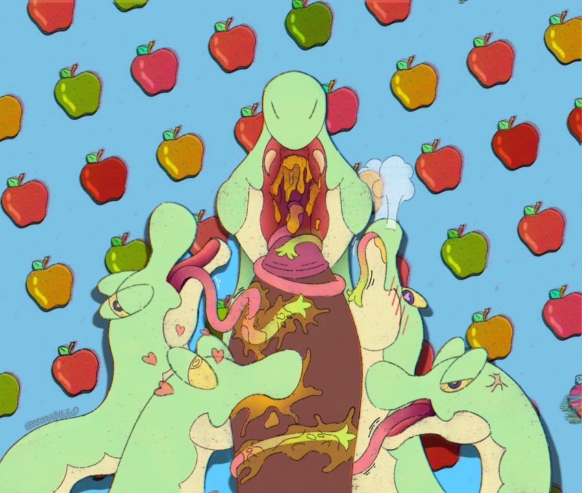 &lt;3 ambiguous_gender blush bodily_fluids digital_media_(artwork) dragon emotional english_text erection fellatio food generation_9_pokemon genitals glitch group hi_res honey_(food) hydra hydrapple legless long_tongue looking_at_another looking_at_viewer male multi_head multicolored_body multicolored_tongue nintendo nude open_mouth oral penetration penile penis pokemon pokemon_(species) presenting reptile saliva saliva_on_penis saliva_on_tongue saliva_string scalie serpentine sex sharp_teeth simple_background smile snake steam_from_nostrils teeth text tongue tongue_out two_tone_tongue xenolith0