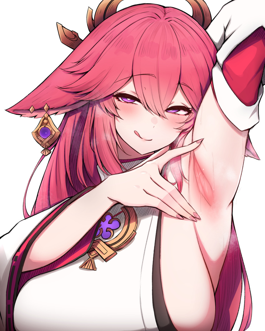 1girl :q animal_ears arm_behind_head armpit_focus armpits blush breasts breath detached_sleeves earrings floppy_ears fox_ears genshin_impact hair_between_eyes hair_ornament highres jewelry large_breasts long_hair looking_at_viewer nail_polish naughty_face pink_hair pink_nails purple_eyes raised_eyebrows rikuguma shirt sideboob sleeveless sleeveless_shirt sleeveless_turtleneck smell solo spread_armpit steaming_body sweat tongue tongue_out turtleneck upper_body very_long_hair white_background white_shirt wide_sleeves yae_miko