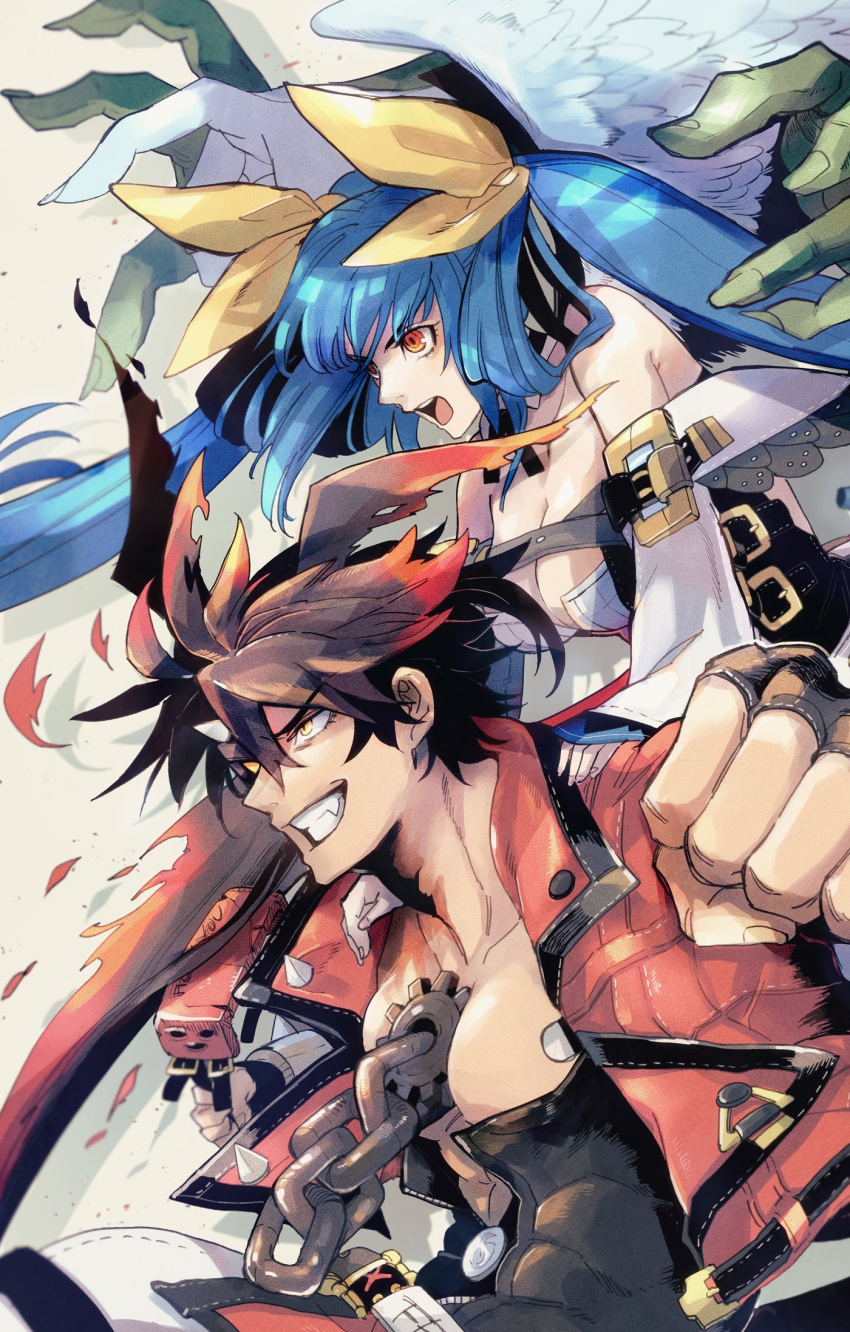 1_ssmk 1boy 1girl angel_wings asymmetrical_wings bare_shoulders belt blue_hair breasts brown_hair chain cleavage cleavage_cutout clothing_cutout collarbone detached_sleeves dizzy_(guilty_gear) dragon_install english_text father_and_daughter guilty_gear guilty_gear_strive guilty_gear_xrd hair_ribbon hair_rings highres large_breasts large_pectorals necro_(guilty_gear) open_mouth pectorals red_eyes ribbon smile sol_badguy twintails undine_(guilty_gear) wings yellow_eyes yellow_ribbon