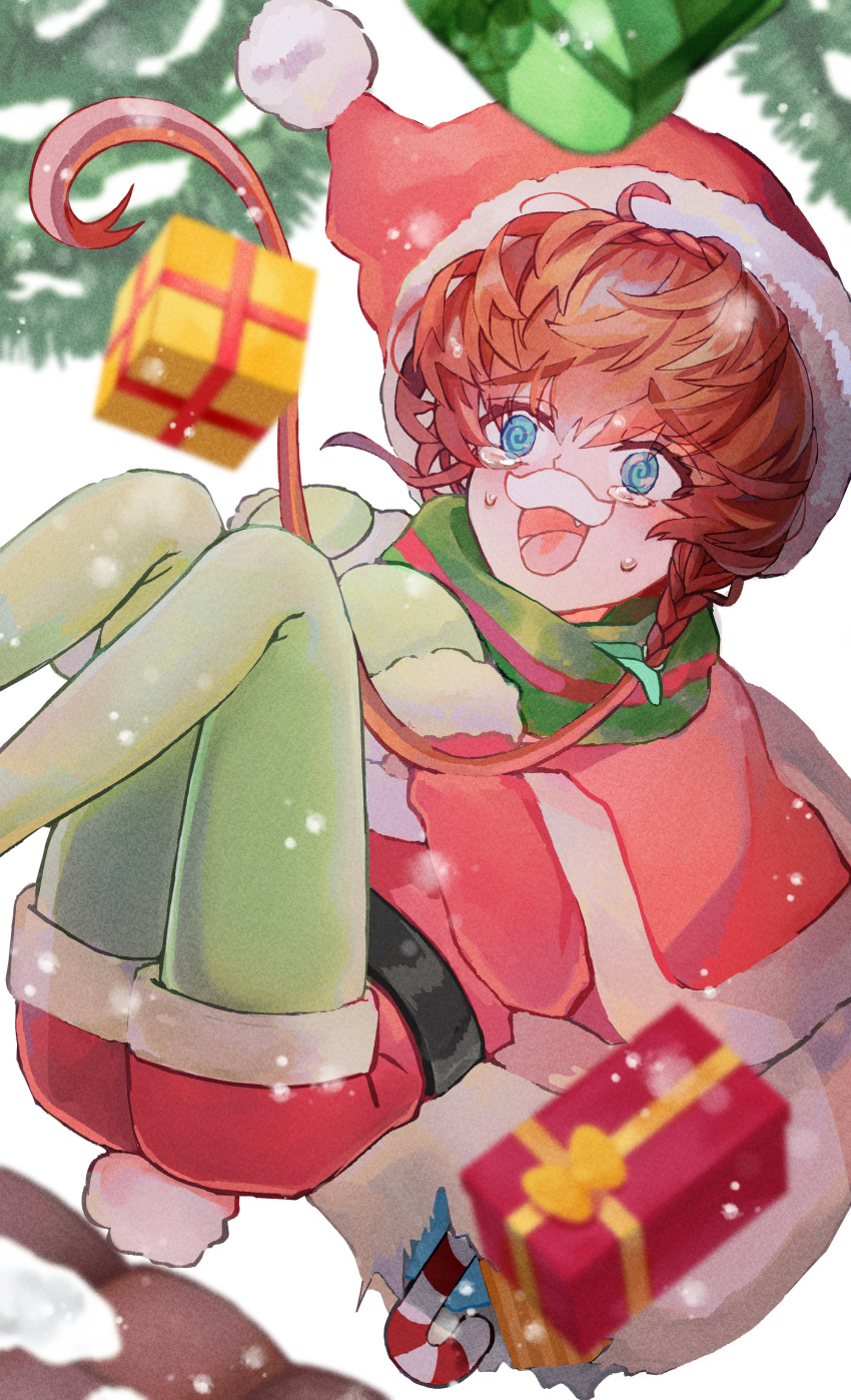 1girl @_@ absurdres blue_eyes blush box braid brown_hair candy candy_cane capelet christmas christmas_tree crown_braid fake_facial_hair fake_mustache fang fate/grand_order fate_(series) food fur-trimmed_capelet fur-trimmed_headwear fur_trim gift gift_box gloves green_gloves green_pantyhose hat highres holding holding_sack open_mouth pantyhose red_capelet red_headwear sack santa_costume santa_gloves santa_hat shimogamo_(shimomo_12) side_braid snow snowing solo sweatdrop tears tongue torn_sack van_gogh_(fate)