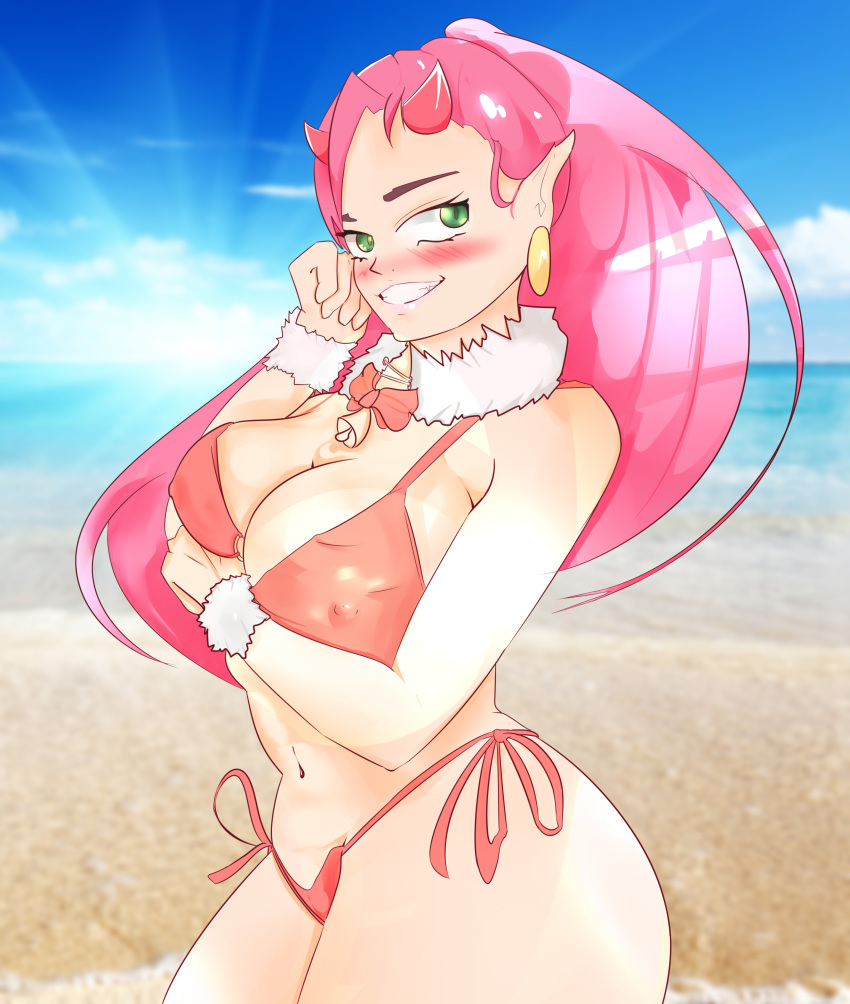 02 1girl absurdres beach bikini blush breasts cleavage curvy darling_in_the_franxx erect_nipples green_eyes grin highres horns large_breasts long_hair looking_at_viewer pink_hair pointy_ears smile solo summer swimsuit thick_thighs thighs zero_two_(darling_in_the_franxx)