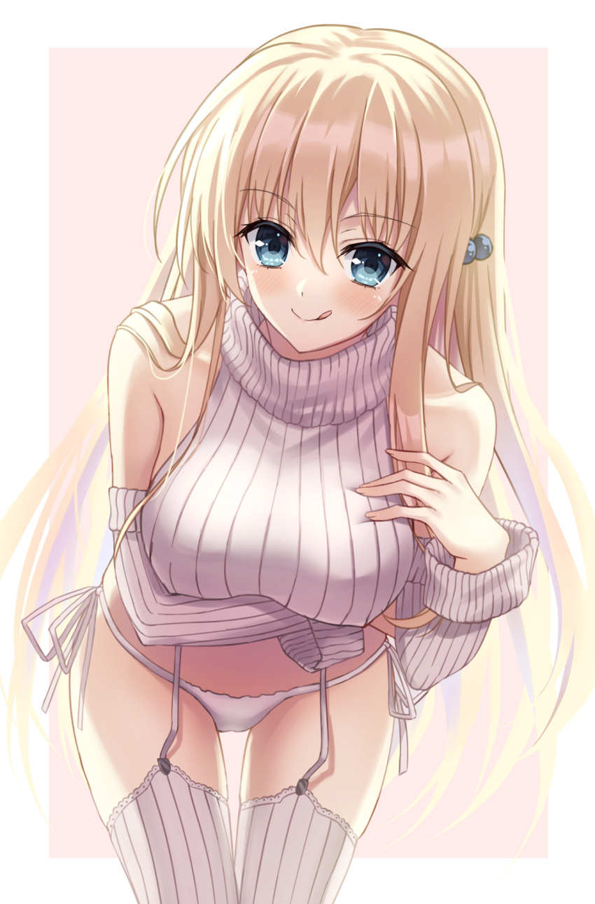 1girl :p arm_under_breasts blonde_hair blue_eyes breasts chief_(sakura_no_kumo) cowboy_shot cuckoo_ki detached_sleeves garter_straps hair_ornament hand_on_own_chest highres large_breasts leaning_forward long_hair looking_at_viewer panties ribbed_sweater sakura_no_kumo_scarlet_no_koi side-tie_panties sidelocks sleeveless sleeveless_turtleneck smile solo sweater thighhighs tongue tongue_out turtleneck underwear very_long_hair virgin_destroyer_sweater