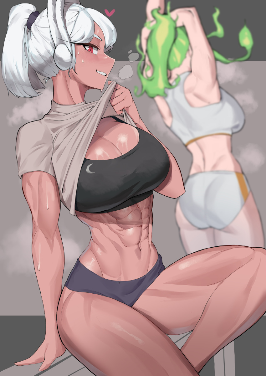 2girls abs absurdres animal_ears arms_up ass bare_legs bench black_buruma black_sports_bra blurry blurry_background boku_no_hero_academia breasts burnin_(boku_no_hero_academia) buruma cleavage clothes_lift crescent_print dark-skinned_female dark_skin feet_out_of_frame fiery_hair green_hair grey_shirt hair_tie heart highres knee_up large_breasts lifted_by_self long_eyelashes long_hair looking_at_viewer mirko multiple_girls muscular muscular_female navel obliques ponytail rabbit_ears rabbit_girl red_eyes shirt shirt_lift sitting smile solo_focus soolee040995 sports_bra steaming_body stomach stretching sweat thick_thighs thighs white_buruma white_hair white_sports_bra
