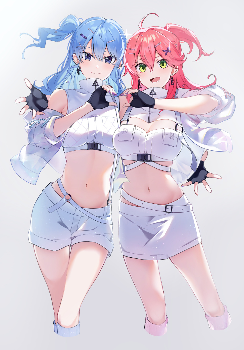 2girls absurdres ahoge aya02ka black_gloves blue_eyes blue_hair blue_socks breasts bridal_garter cleavage_cutout closed_mouth clothing_cutout crop_top cropped_jacket cropped_legs earrings fingerless_gloves gloves green_eyes hair_between_eyes hair_ornament hairclip heart heart_hands heart_hands_duo high_collar highres hololive hoshimachi_suisei jacket jewelry large_breasts long_hair looking_at_viewer midriff multiple_girls official_alternate_costume one_side_up open_mouth pink_socks sakura_miko see-through see-through_jacket shorts side-by-side skirt sleeveless sleeveless_jacket small_breasts socks triangle_earrings turtleneck turtleneck_jacket unfinished upper_body v-shaped_eyebrows virtual_youtuber white_jacket white_shorts white_skirt x_hair_ornament