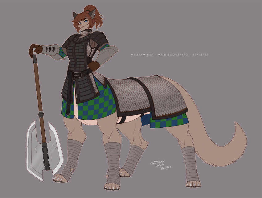 armor cougar ear_piercing ear_ring felid feline female hi_res hybrid mammal muscular muscular_female nielo_(gamal) piercing ring_piercing solo taur taurified warrior weapon wmdiscovery93 wrappings