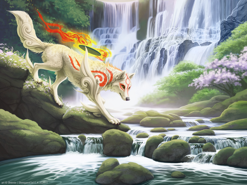 2023 amaterasu_(okami) ambiguous_gender canid canine canis capcom creek deity female_(lore) feral fire flower fur magic_user mammal okami_(capcom) orange_eyes outside plant red_body red_fur rock shinigamigirl solo tree walking water waterfall white_body white_fur wolf