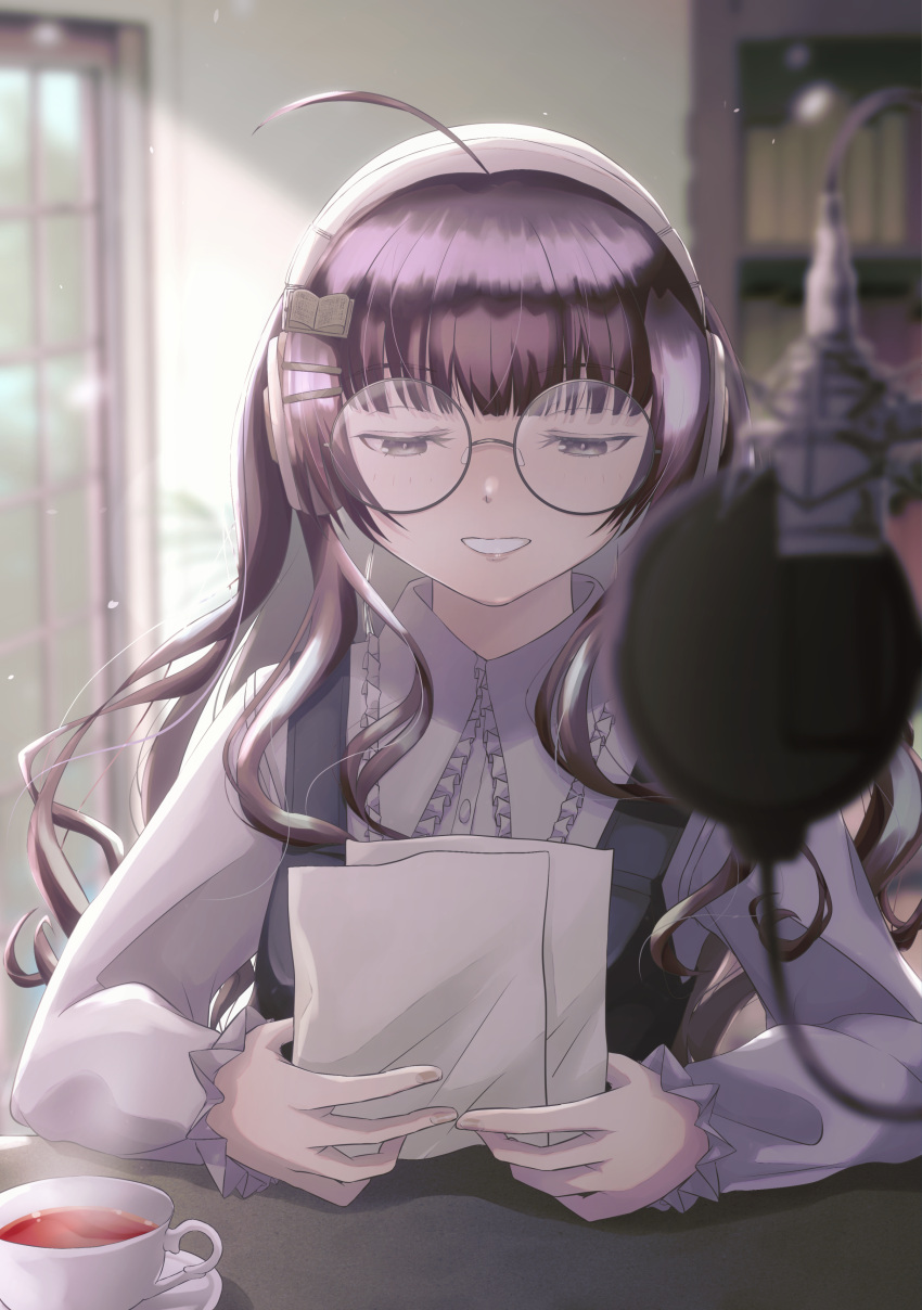 1girl absurdres ahoge blunt_bangs blurry blurry_background blurry_foreground book_hair_ornament brown_eyes brown_hair cup glasses hair_ornament hairclip highres indie_virtual_youtuber indoors long_hair long_sleeves microphone paper parted_lips pop_filter solo takllou teacup upper_body virtual_youtuber yomiyama_humino