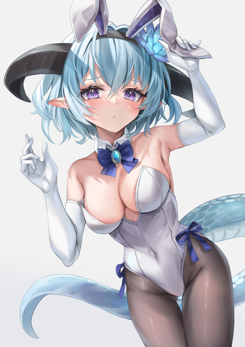 1girl absurdres akami770 animal_ears ass_visible_through_thighs black_pantyhose blue_bow blue_hair blush bow breasts cleavage commentary covered_navel crossed_bangs curled_horns detached_collar dot_nose dragon_girl dragon_horns dragon_tail elbow_gloves elf fake_animal_ears flower gloves hair_flower hair_ornament hands_up highleg highleg_leotard highres horns legs_together leotard light_frown long_pointy_ears looking_at_viewer lotus medium_breasts pantyhose playboy_bunny pointy_ears shadow shadowverse side-tie_leotard simple_background solo symbol-only_commentary tail thigh_gap white_background white_gloves white_leotard whitefrost_dragonewt_filene