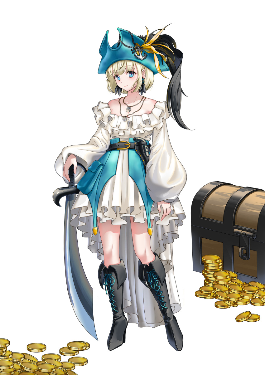 absurdres anchor_ornament bare_shoulders belt blonde_hair blue_eyes boots breasts brown_dust_2 coin cross-laced_footwear dress earrings frilled_dress frills gold_coin gun hat hat_feather highres holding holding_sword holding_weapon jewelry justia_(brown_dust) knee_boots looking_at_viewer meo_100114545 multiple_necklaces pirate_costume pirate_hat puffy_sleeves revolver scimitar short_hair simple_background small_breasts strapless strapless_dress sword treasure_chest weapon