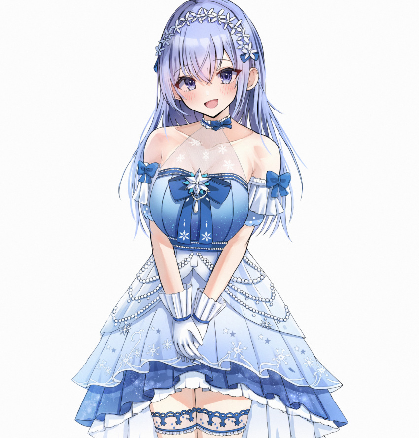 1girl bare_shoulders blue_eyes blue_hair blush breasts choker closed_mouth collarbone cowboy_shot frilled_sleeves frills gloves hair_between_eyes hairband halterneck highres idolmaster_shiny_colors_song_for_prism large_breasts long_hair looking_at_viewer open_mouth simple_background smile solo suzuki_hana tabii thigh_strap white_background white_gloves