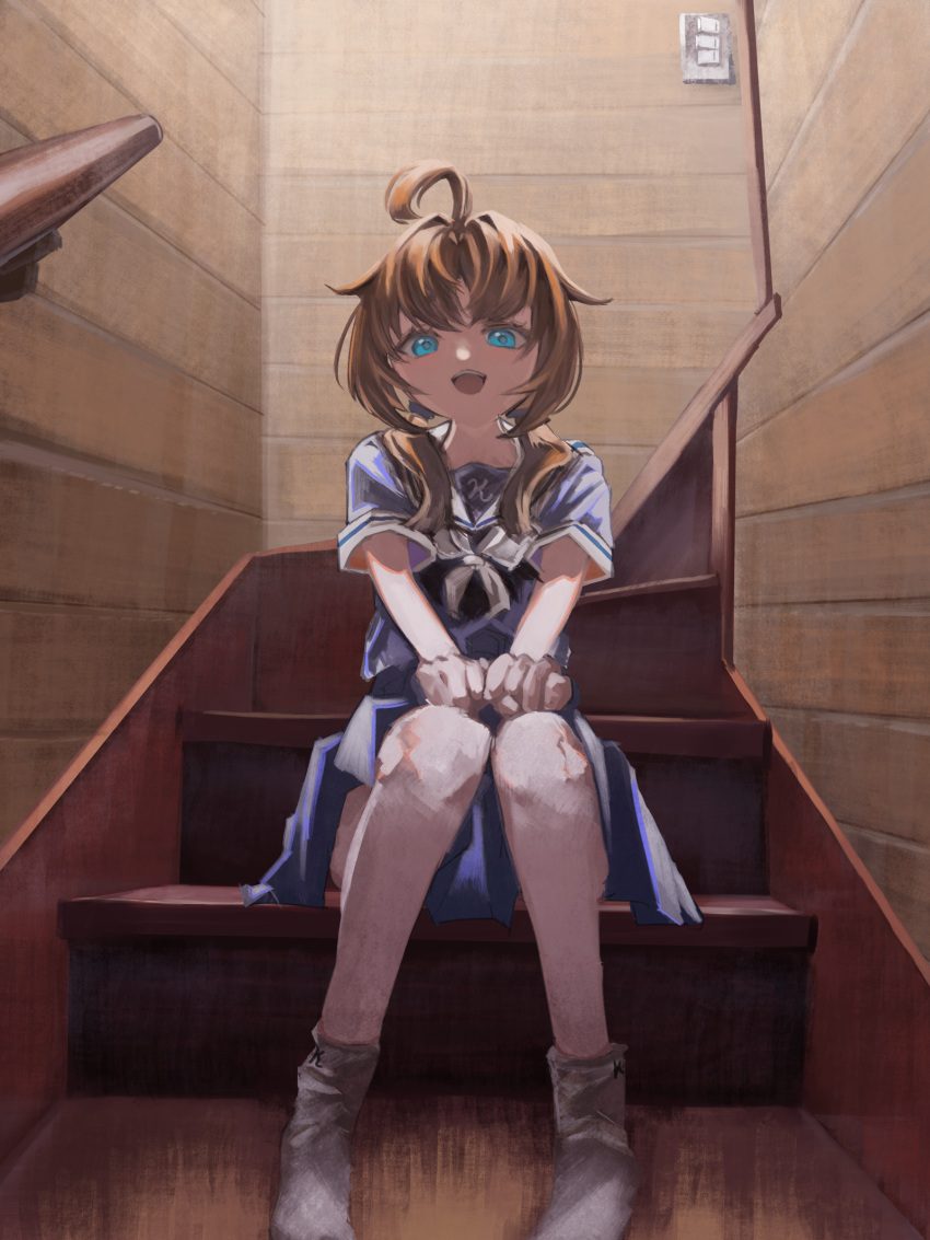 1girl absurdres ahoge blue_eyes blue_shirt blue_skirt brown_hair clothes_writing commentary_request hair_over_shoulder hands_on_lap highres indoors kagenoyuhi knees_together_feet_apart long_hair looking_at_viewer low_twintails neckerchief no_shoes open_mouth original own_hands_together parted_bangs sailor_collar sailor_shirt school_uniform serafuku shirt short_sleeves sitting sitting_on_stairs skirt socks solo stairs twintails white_neckerchief white_sailor_collar white_socks