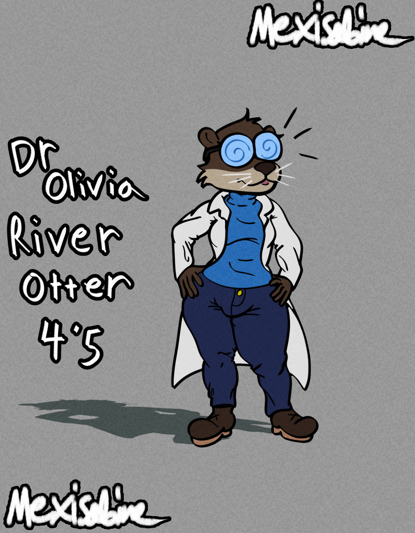 absurd_res anthro big_glasses boots bottomwear clothing coat denim denim_bottomwear denim_clothing dr._olivia_(mexisabine) eyewear female footwear glasses hands_on_hips hi_res jeans lab_coat lips mammal mexisabine mustelid otter pants river_otter short_stack solo spiral_eyes spiral_glasses sweater thick_thighs topwear turtleneck whiskers wide_hips