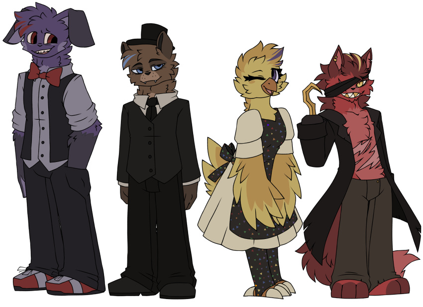 2023 80's_theme absurd_res anthro apron avian bear bird black_clothing black_footwear black_shoes blue_eyes bonnie_(fnaf) bow_tie brown_body brown_fur canid canine chica_(fnaf) chicken cloak clothing ear_piercing eye_patch eye_scar eyewear facial_scar fanfic fanfiction female five_nights_at_freddy's footwear fox foxy_(fnaf) freddy_(fnaf) fur galliform gallus_(genus) group hair hand_in_pocket hi_res hook hook_hand lagomorph leporid looking_at_viewer male mammal model_sheet necktie no_shoes one_eye_closed pegacousin phasianid piercing pockets purple_body purple_eyes purple_fur rabbit red_body red_clothing red_eyes red_footwear red_fur red_shoes scar scottgames shoes stratches_on_belly striped_body striped_fur striped_hair stripes suit white_clothing wink winking_at_viewer yellow_body yellow_eyes yellow_fur