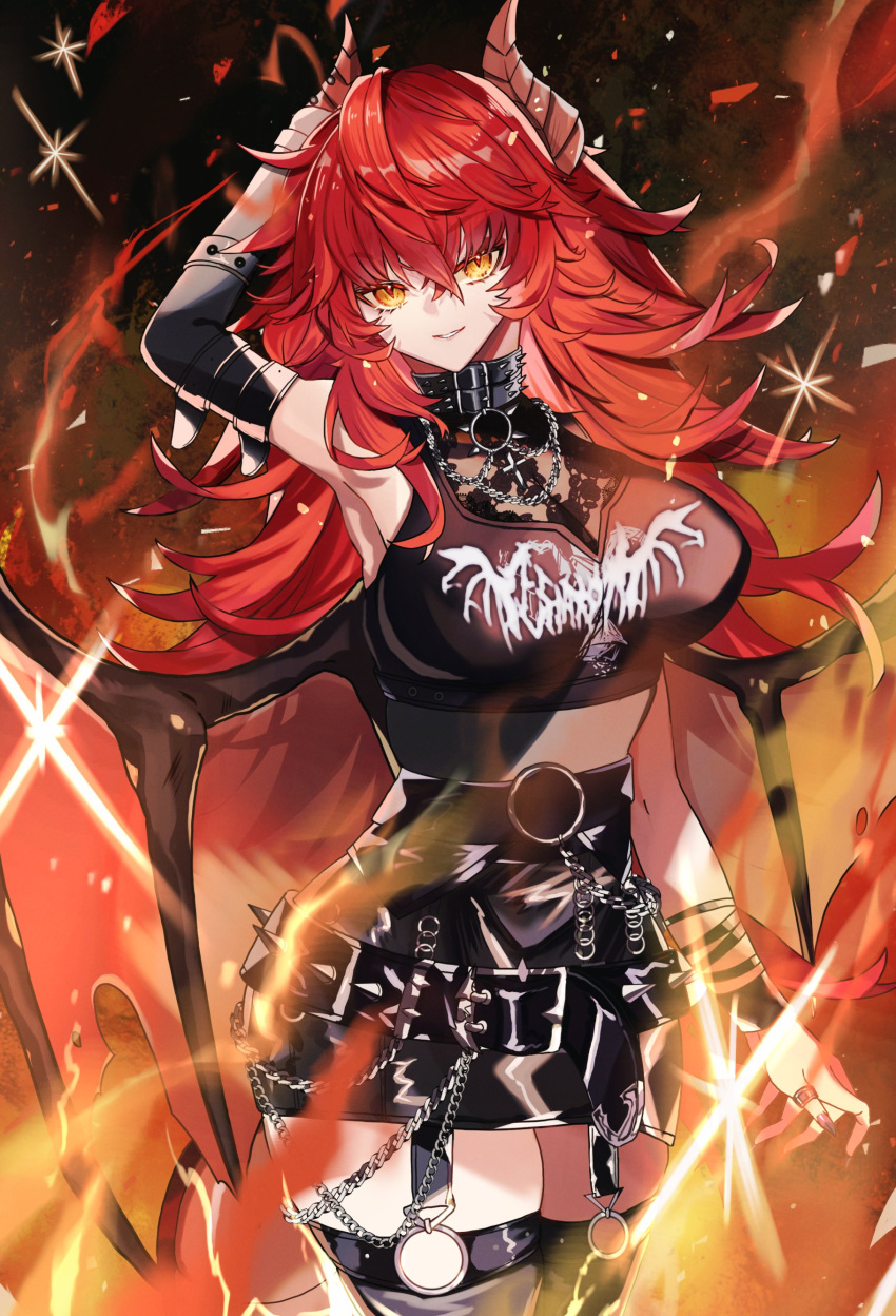 1girl absurdres arm_up belt black_belt black_shirt black_skirt black_thighhighs breasts cropped_shirt dragon_girl dragon_horns dragon_wings highres horns jyuka_en large_breasts long_hair looking_at_viewer red_hair shirt skirt solo spiked_belt thighhighs virtual_youtuber vshojo wings yellow_eyes zentreya zentreya_(dragon) zentreya_(dragon)_(3rd_costume)