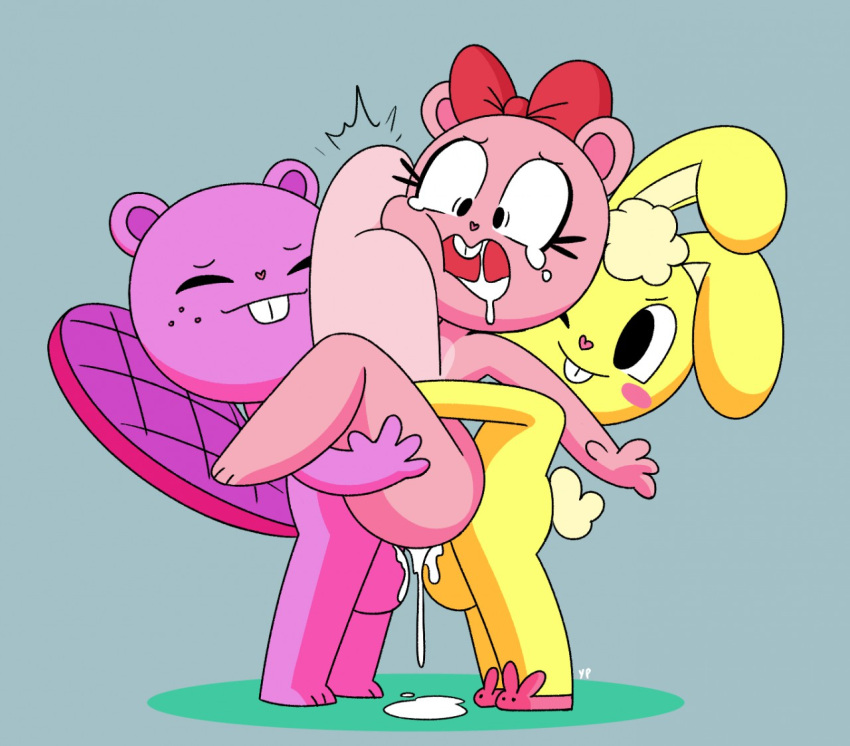 abdominal_bulge anthro big_penis bodily_fluids crying cuddles_(htf) cum cum_drip cum_inside dripping female genital_fluids genitals giggles_(htf) group happy_tree_friends huge_penis hyper hyper_genitalia hyper_penis male penis sex tears toothy_(htf) trio yopy