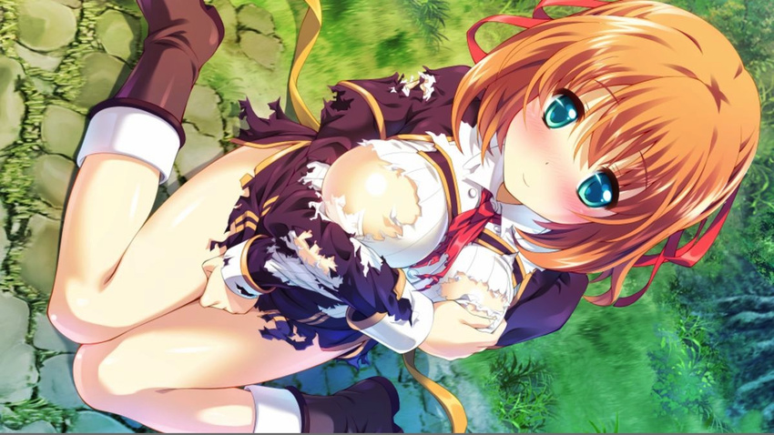 1girl aqua_eyes artist_request blush boots breast_support breasts character_request escude fine_klassen game_cg orange_hair outdoors re;lord_~herford_no_majo_to_nuigurumi~ ribbon short_hair solo source_request torn_clothes