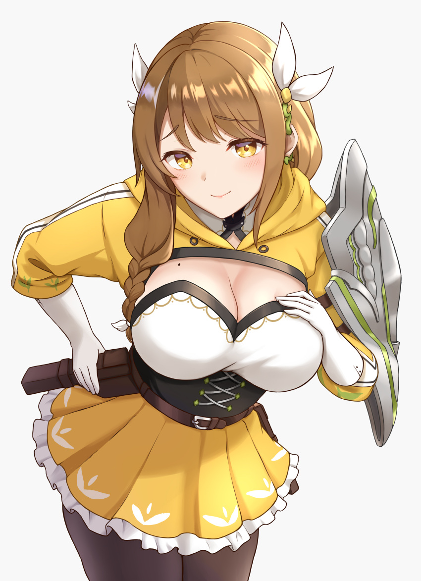 1girl absurdres black_corset braid braided_ponytail breasts cleavage corset dress fire_emblem fire_emblem_engage goldmary_(fire_emblem) highres hooded_top large_breasts leaning_forward looking_at_viewer low_ponytail mole mole_on_breast pantyhose ribbon single_shoulder_pad skirt solo takaneko white_ribbon yellow_dress yellow_skirt