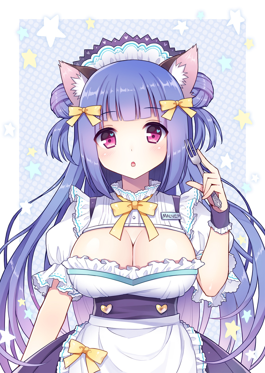 :o animal_ears apron blue_hair blush bow breasts cat_ears cleavage cleavage_cutout double_bun fork hair_bow heart highres large_breasts long_hair looking_at_viewer maid mauve name_tag original red_eyes short_sleeves solo waist_apron wrist_cuffs