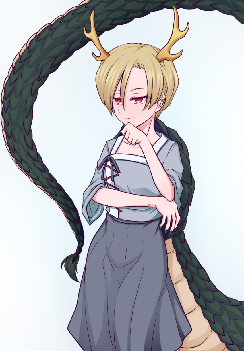 1girl antlers benizuwai blonde_hair blue_shirt blue_skirt dragon_girl dragon_horns dragon_tail highres horns kicchou_yachie long_tail red_eyes shirt short_hair skirt solo square_neckline tail touhou turtle_shell yellow_horns