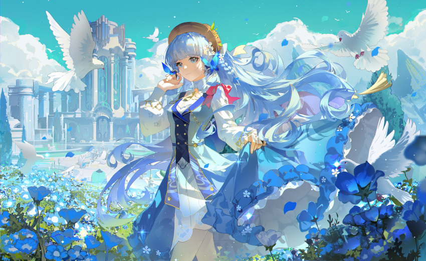 1girl absurdres alternate_hairstyle bird blue_dress blue_eyes blue_flower blue_hair blunt_bangs blunt_tresses braid butterfly_hair_ornament closed_mouth cloud cloudy_sky collar dress floating_hair flower genshin_impact hair_ornament hat highres kamisato_ayaka kamisato_ayaka_(springbloom_missive) leleyoukuailele long_hair long_sleeves looking_to_the_side official_alternate_costume outdoors pantyhose pigeon sidelocks sky smile solo standing white_collar white_pantyhose