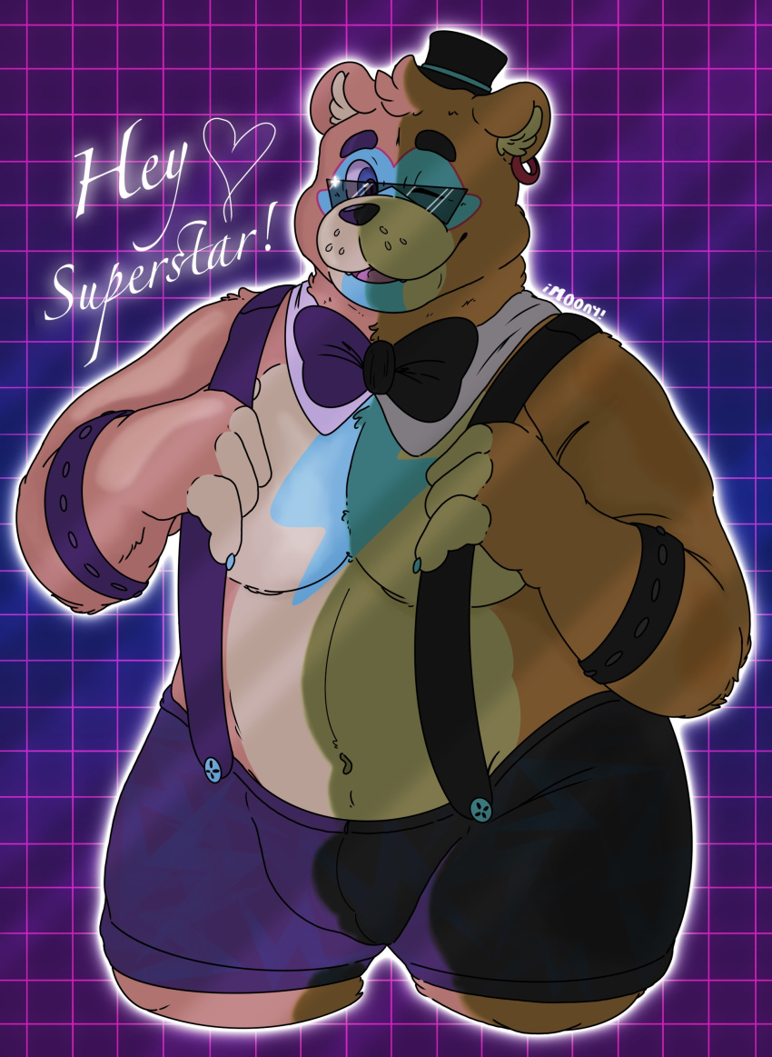 absurd_res anthro bear bow_tie bulge clothing eyewear five_nights_at_freddy's five_nights_at_freddy's:_security_breach freddy_(fnaf) glamrock_freddy_(fnaf) glint hat headgear headwear hi_res looking_at_viewer m00ny male mammal musclegut navel neon_lights one_eye_closed purple_background scottgames simple_background solo steel_wool_studios sunglasses suspenders synthwave top_hat wink winking_at_viewer