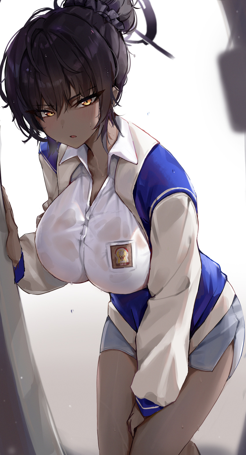 1girl absurdres black_hair blue_archive blue_jacket blue_skirt blush breasts collared_shirt dark-skinned_female dark_skin hair_bun halo highres indonesian_high_school_uniform jacket karin_(blue_archive) large_breasts long_sleeves looking_at_viewer multicolored_clothes multicolored_jacket parted_lips school_uniform shirt sidelocks skirt solo sstthei two-tone_jacket upper_body white_jacket white_shirt yellow_eyes