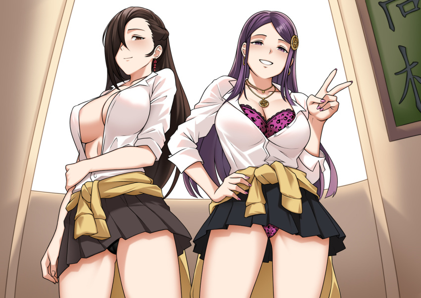 2girls alternate_costume alternate_hairstyle animal_print bbk_(13zk) black_panties blush bra breasts brown_eyes brown_hair cameltoe cleavage clothes_around_waist commission cowboy_shot earrings fire_emblem fire_emblem_fates gyaru hair_ornament hair_over_one_eye hairpin hands_on_own_hips heart heart_earrings holding_own_arm hoop_earrings indoors jewelry kagero_(fire_emblem) large_breasts leopard_print long_hair looking_at_viewer mature_female multiple_girls naughty_face necklace no_bra open_clothes open_mouth open_shirt orochi_(fire_emblem) panties pantyshot pink_nails ponytail purple_bra purple_eyes purple_hair purple_panties romaji_text smile sweater sweater_around_waist underwear v