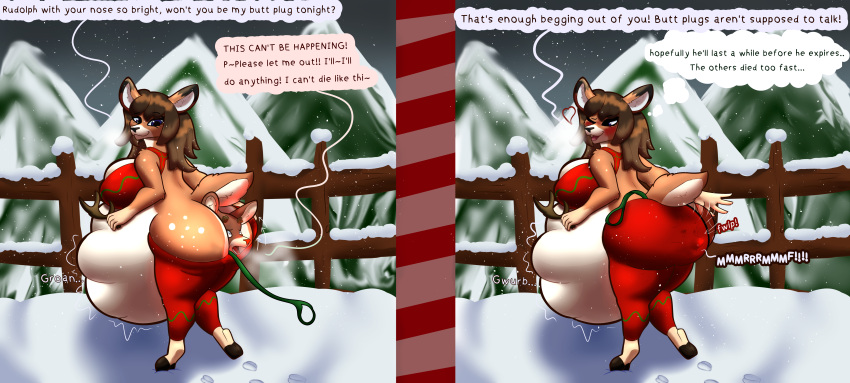 abdominal_bulge absurd_res almost_fully_inside anal anal_vore anthro anthro_pred anthro_prey antler_removal antlers before_and_after begging_for_mercy belly big_belly big_breasts blush bodily_noises bottomwear bottomwear_down bottomwear_pull breasts broken_antler brown_body brown_fur brown_hair clothed clothing clothing_pull contact_onomatopoeia contextual_arrow deer detailed_background different_sound_effects digestion_noises digital_drawing_(artwork) digital_media_(artwork) directional_arrow duo egg67_(artist) english_text face_imprint feet_first female female_pred fence fur green_leash groan hair hand_on_pants heart_reaction hi_res holding_antler hooves horn horn_removal impact_onomatopoeia imprint inside_pants interrupted_speech leash leashed_prey looking_back lowered_pants male male/female male_prey mammal mouth_closed muffled new_world_deer no_underwear one_eye_closed onomatopoeia open_mouth pants pants_down pants_on_face pants_pull partially_clothed partially_inside plant pulling_up_pants red_bottomwear red_clothing red_nose red_pants reindeer rudolph_the_red-nosed_reindeer rumbling_stomach same_size_vore smile snow sound_effects speech_bubble standing stuttering tail talking_to_another talking_to_pred talking_to_prey text thought_bubble three-quarter_view tree vore vore_tether vowelless vowelless_vocalization white_body white_fur
