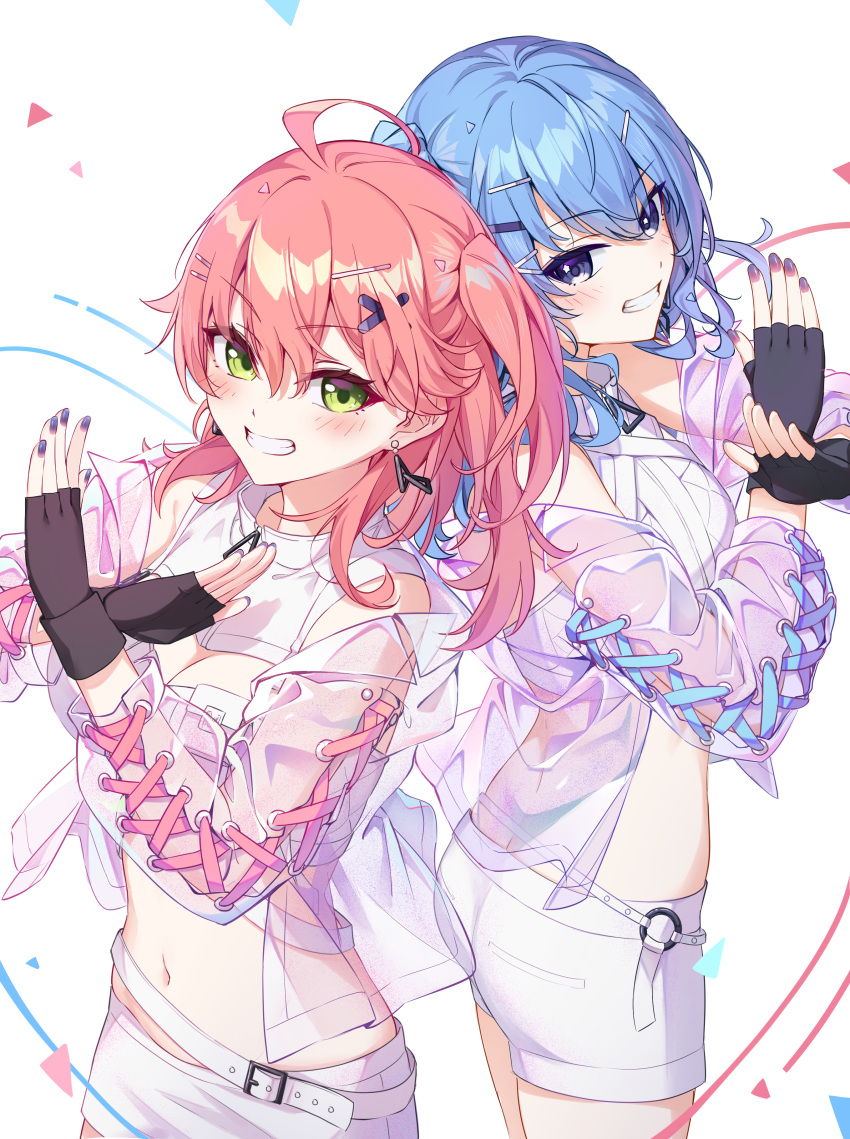 1girl 2girls absurdres ahoge bare_shoulders belt black_gloves blue_eyes blue_hair blush breasts butt_crack cleavage_cutout clothing_cutout commentary crop_top cross-laced_clothes cross-laced_sleeves double-parted_bangs fingerless_gloves gloves grin hair_ornament hairclip high_collar highres hololive hoshimachi_suisei jacket long_hair long_sleeves looking_at_viewer median_furrow medium_breasts midriff miniskirt multiple_girls navel off_shoulder one_side_up pink_hair sakura_miko see-through see-through_jacket shirt shorts skirt sleeveless sleeveless_shirt smile star_(symbol) star_in_eye sugar_rush_(hololive) symbol_in_eye tang-du turtleneck virtual_youtuber white_background white_shorts white_skirt x_arms x_hair_ornament zipper_pull_tab