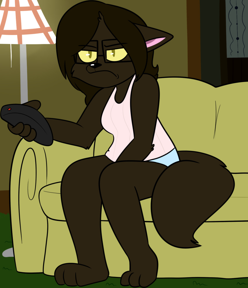 2018 3_toes 4_fingers ann_bonaventura anthro arm_tuft barefoot biped black_eyebrows black_eyewear black_glasses black_whiskers blue_clothing blue_panties blue_underwear bottomwear breasts brown_body brown_ears brown_fur brown_hair brown_tail brown_tuft cat_tail cheek_tuft chokovit_(artist) closed_frown clothed clothing colored controller detailed_background digital_drawing_(artwork) digital_media_(artwork) domestic_cat ears_down elbow_tuft eyebrow_through_hair eyebrows eyewear facial_tuft feet felid feline felis female female_anthro fingers fluffy fluffy_tail front_view frown full-length_portrait fur fur_tuft furniture glasses green_eyes green_sofa hair hi_res holding_controller holding_object holding_remote_control inside mammal no_pupils panties pantsless pantsless_anthro pantsless_female partially_clothed partially_clothed_anthro partially_clothed_female pattern_clothing pattern_shirt pattern_tank_top pattern_topwear pink_inner_ear pivoted_ears portrait prick_ears remote_control shirt sitting sofa solo striped_clothing striped_shirt striped_tank_top striped_topwear stripes tail tank_top toes topwear translucent translucent_hair tuft tv_remote underwear white_clothing white_shirt white_tank_top white_topwear yellow_sclera york_chocolate