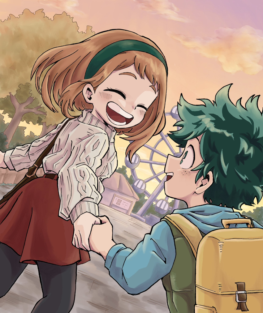 1boy 1girl aged_down bag belt black_leggings blue_hoodie boku_no_hero_academia brown_hair building closed_eyes cloud dusk facing_another ferris_wheel freckles green_eyes green_hair green_vest handbag headband highres holding_hands hood hoodie konpoko819 leggings looking_at_another medium_hair midoriya_izuku open_mouth outdoors red_skirt skirt smile sweater teeth tree uraraka_ochako vest yellow_bag