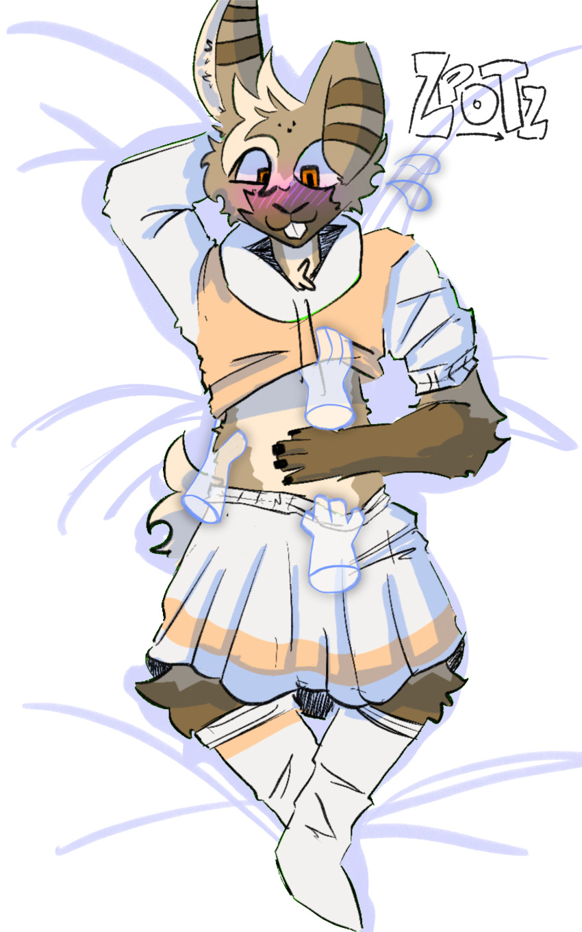 absurd_res ambiguous_gender anthro blush body_pillow body_pillow_design bottomwear clothed clothing crop_hoodie crop_top crossdressing disembodied_hand girly hare hi_res hoodie kevo_bun lagomorph leporid long_socks male mammal pillow pulling_down_skirt rabbit shirt skirt topwear zpotz