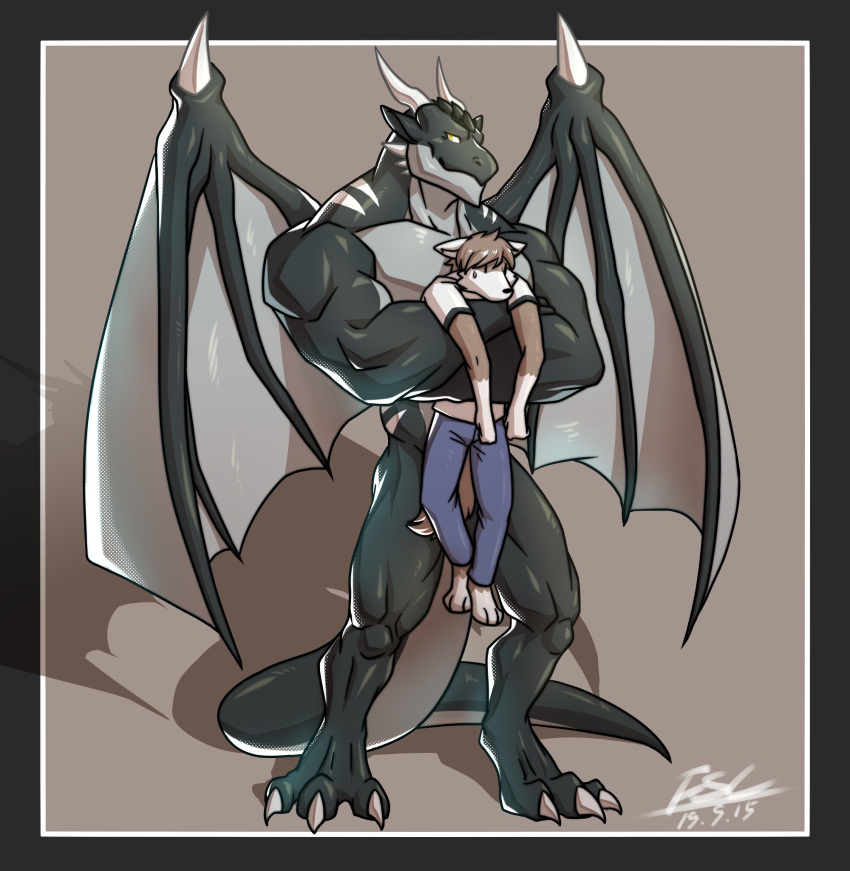 2019 3_toes anthro arm_markings barefoot black_body black_scales blue_bottomwear blue_clothing blue_pants bodily_fluids bottomwear brown_body brown_fur brown_hair canid canine canis carrying_another casual_nudity clothing convenient_censorship dated digital_media_(artwork) dragon duo fansl feet fur grey_body hair hi_res holding_another larger_male male mammal markings membrane_(anatomy) membranous_wings morven_(tsgmorven) muscular muscular_anthro muscular_arms muscular_male pants parede_(tsgmorven) pupils scales scalie shadow shirt shoulder_markings signature size_difference slit_pupils smaller_male sweat sweatdrop toes topwear white_clothing white_markings white_shirt white_toe_claws white_topwear wing_claws wings wolf yellow_eyes