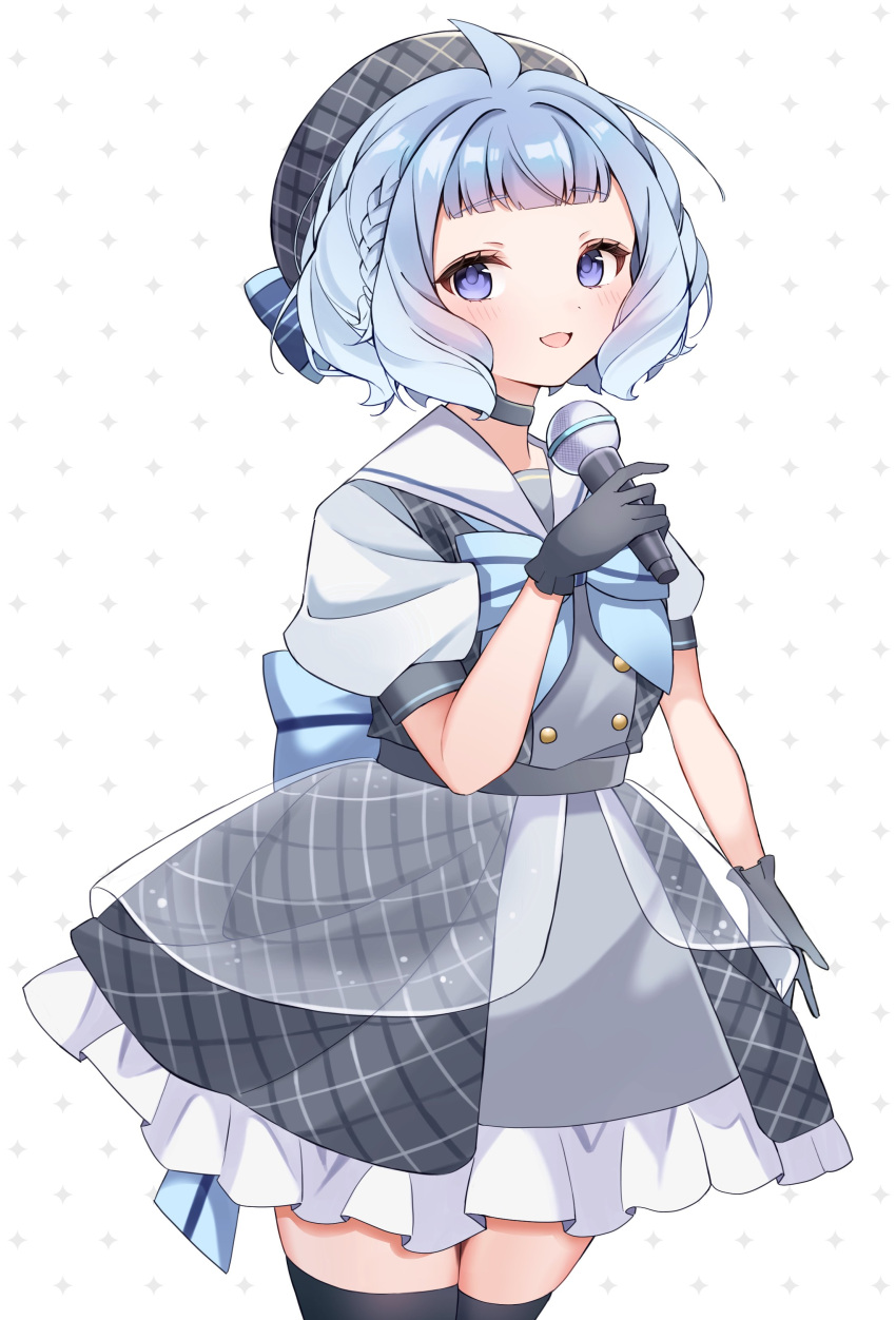 1girl absurdres back_bow beret blue_hair blush bow bowtie braid character_request choker dress frilled_dress frills gloves hat highres holding holding_microphone layered_dress looking_at_viewer microphone open_mouth original plaid_headwear purple_eyes sailor_collar sakuta. short_hair short_sleeves smile solo thighhighs