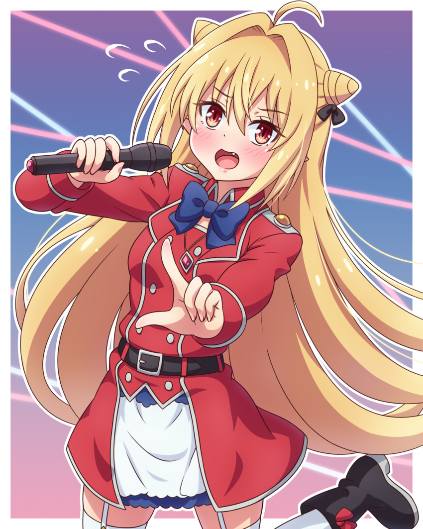 1girl belt black_footwear blonde_hair boots fang garter_straps highres hikikomari_kyuuketsuki_no_monmon jacket long_hair microphone music red_eyes red_jacket singing skirt terakomari_gandezblood thighhighs very_long_hair white_thighhighs yosuzu