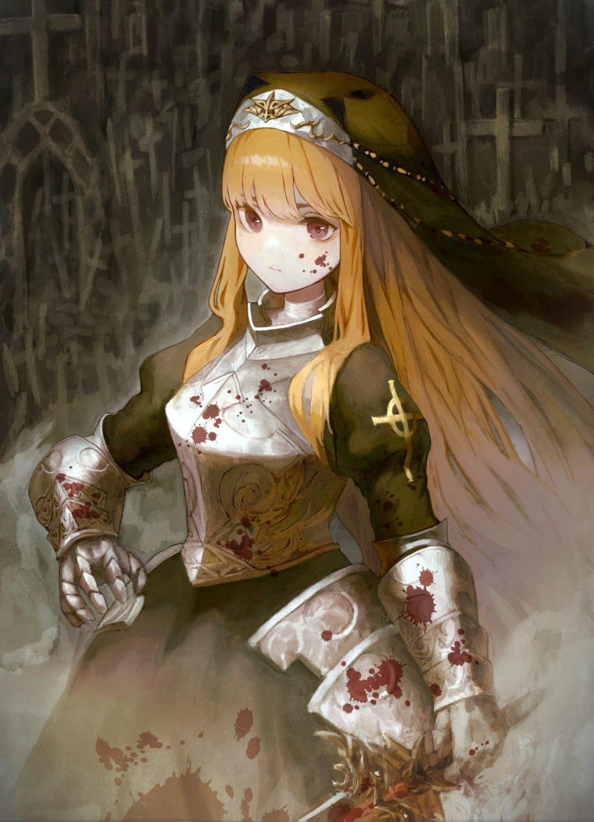 absurdres angelica_(brown_dust) armor armored_dress armored_skirt blonde_hair blood blood_on_clothes blood_on_face brown_dust_2 celtic_cross chest_armor closed_mouth cross gauntlets habit hand_on_own_hip highres holding holding_sword holding_weapon juliet_sleeves latin_cross long_hair long_sleeves muffin_kjy010913 puffy_sleeves red_eyes sword tiara very_long_hair weapon