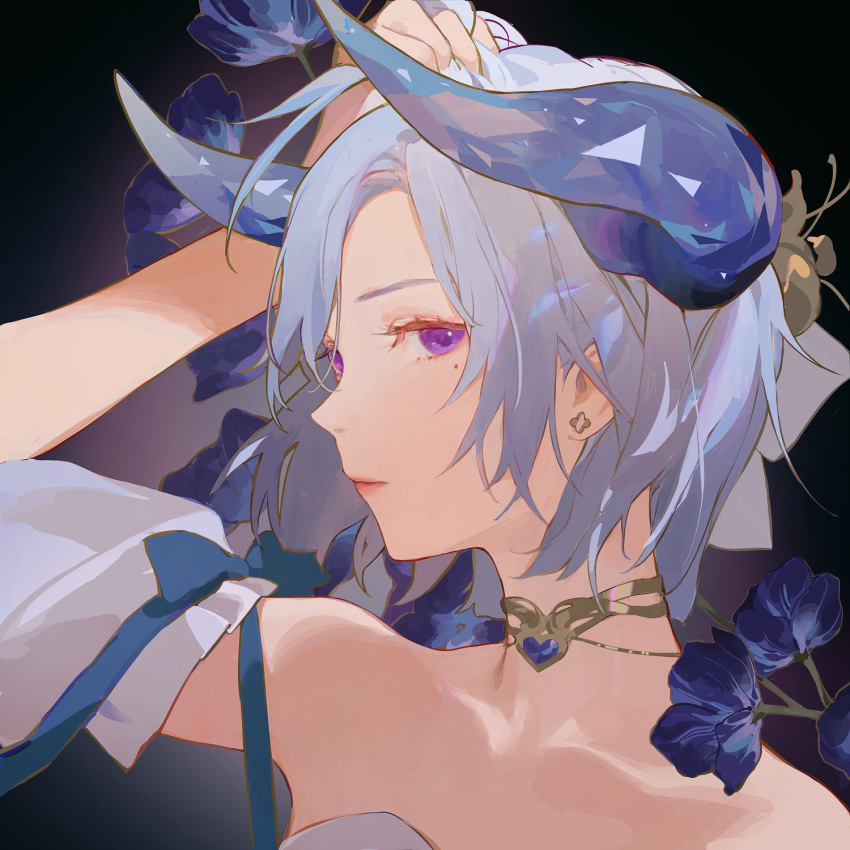 1girl arm_up blue_bow blue_flower blue_gemstone blue_hair blue_horns blue_ribbon bow closed_mouth commentary curled_horns detached_sleeves earrings english_commentary flower gem gold_choker grey_sleeves hair_bow hand_in_own_hair highres horns jewelry lips looking_at_viewer looking_to_the_side mole mole_under_eye original parted_bangs portrait purple_eyes ribbon short_hair solo stud_earrings white_bow yueko_(jiayue_wu)