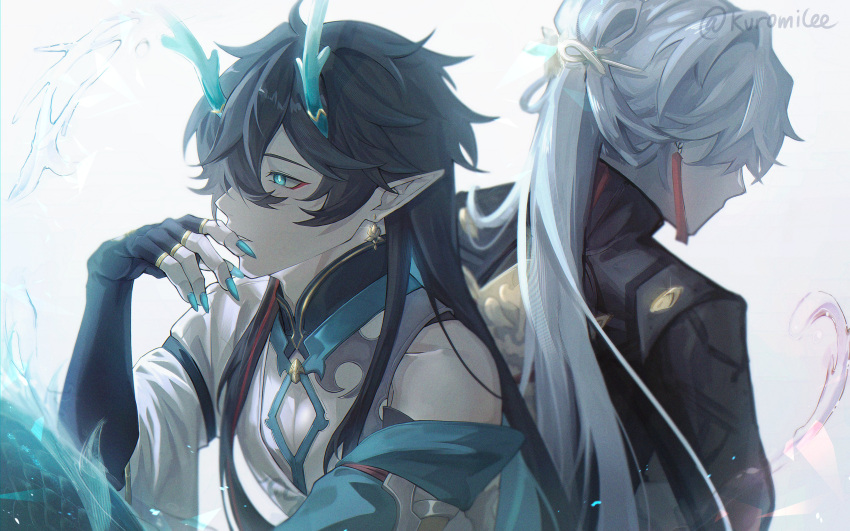 2boys absurdres aqua_eyes aqua_horns aqua_nails black_gloves black_hair black_jacket cleavage_cutout clothing_cutout collared_jacket dan_heng_(honkai:_star_rail) dan_heng_(imbibitor_lunae)_(honkai:_star_rail) earrings english_commentary eyeliner fingerless_gloves fingernails gloves grey_hair grin hair_ornament hair_stick hand_up highres honkai:_star_rail honkai_(series) horns jacket jewelry kuromilee light_smile long_fingernails long_hair long_sleeves makeup male_focus multiple_boys parted_lips pectoral_cleavage pectorals pointy_ears ponytail profile red_eyeliner scales shirt simple_background single_bare_shoulder single_hair_ring single_off_shoulder sleeveless sleeveless_shirt smile twitter_username very_long_hair water white_background white_jacket white_shirt yingxing_(honkai:_star_rail)