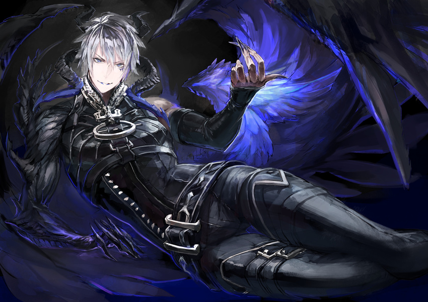 angel_wings asymmetrical_horns azazel_(shingeki_no_bahamut) bad_id bad_pixiv_id black_wings blue_eyes boots chain fingerless_gloves gloves horns male_focus shingeki_no_bahamut sitting smile solo wings