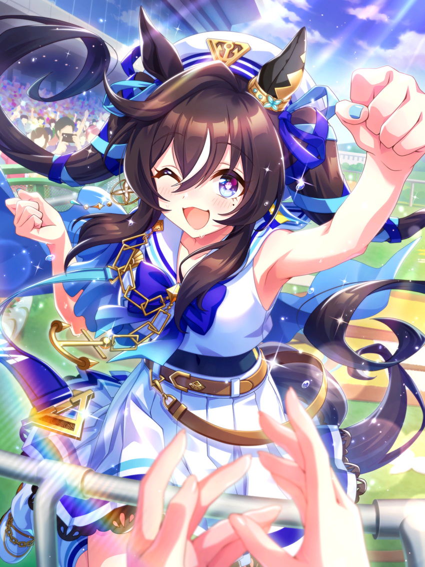 1girl absurdres animal_ears armpits arms_up belt beret breasts brown_hair earrings grass hair_between_eyes hair_ornament hat highres horse_ears horse_girl horse_tail jewelry lens_flare looking_at_viewer medium_breasts mole mole_under_eye official_art one_eye_closed open_mouth pov pov_hands single_earring sky solo_focus sweat tail twintails umamusume vivlos_(umamusume)