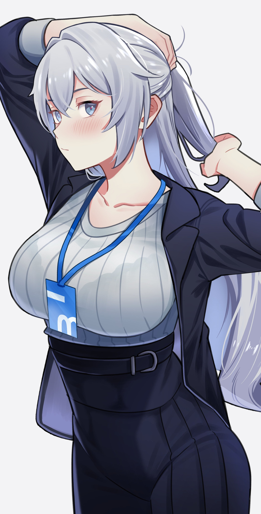 1girl absurdres belt black_belt black_skirt breasts bronya_zaychik bronya_zaychik_(silverwing:_n-ex) closed_mouth collarbone english_commentary grey_eyes grey_hair highres honkai_(series) honkai_impact_3rd id_card large_breasts long_hair nuebunny official_alternate_costume ponytail simple_background skirt solo upper_body white_background