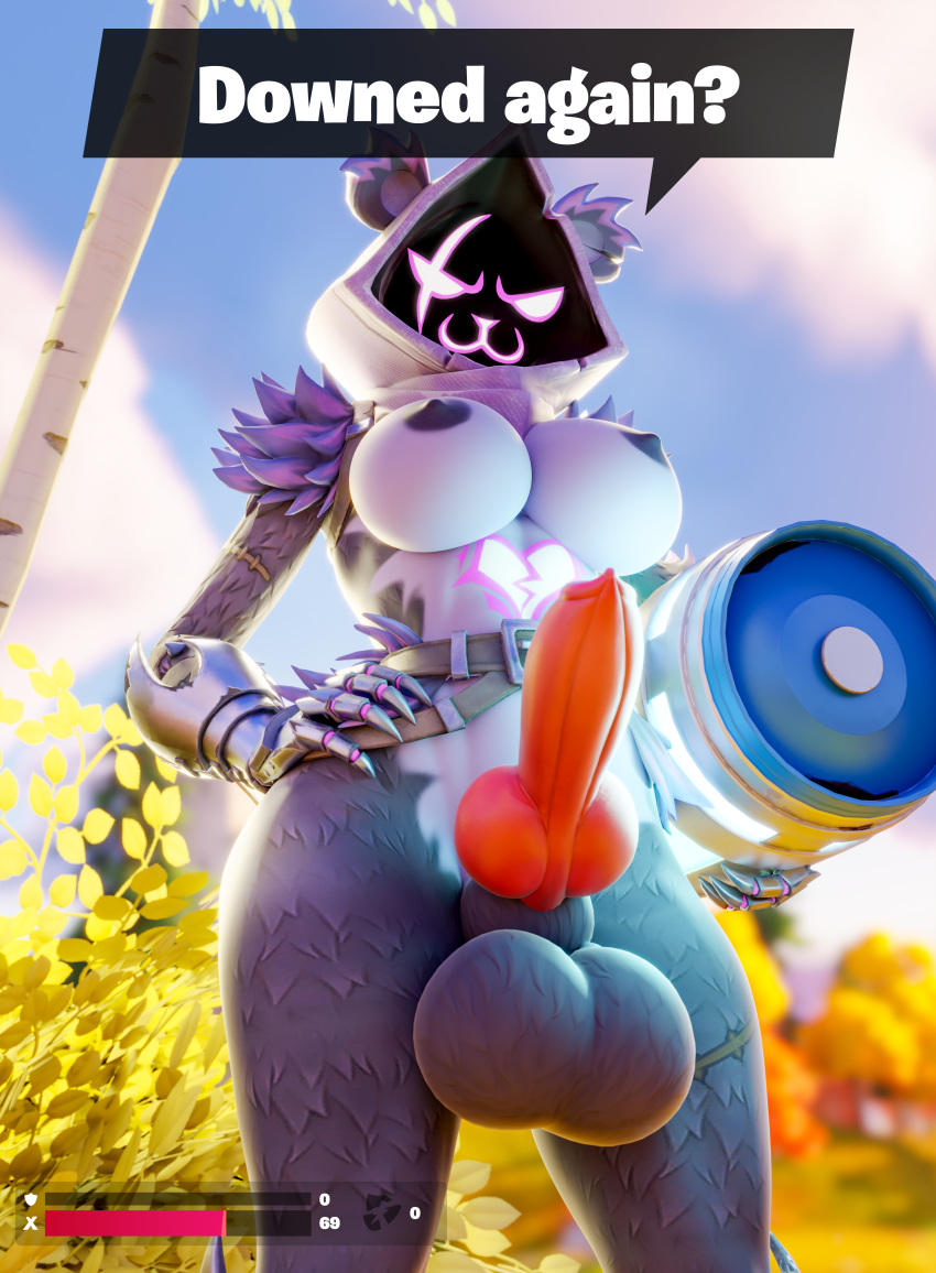 3d_(artwork) :3 abs absurd_res ambiguous_gender animal_genitalia animal_penis anthro athletic balls bear belt big_balls big_breasts breasts canine_genitalia canine_penis chug_jug clothing digital_media_(artwork) duo epic_games erection first_person_view fortnite fur genitals gynomorph handwear hi_res intersex looking_at_viewer looking_down looking_down_at_viewer mammal muscular penis purple_body purple_clothing purple_eyes purple_fur raven_team_leader reaching reaching_out sheath solo speech_bubble text thick_thighs watermark wide_hips zushou